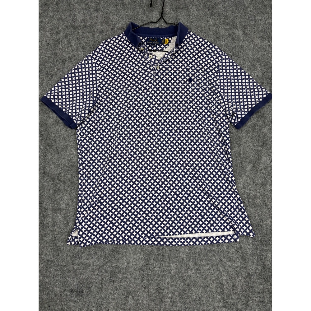 Polo Ralph Lauren Mens Large Classic Fit Navy White Geometric Polo Shirt